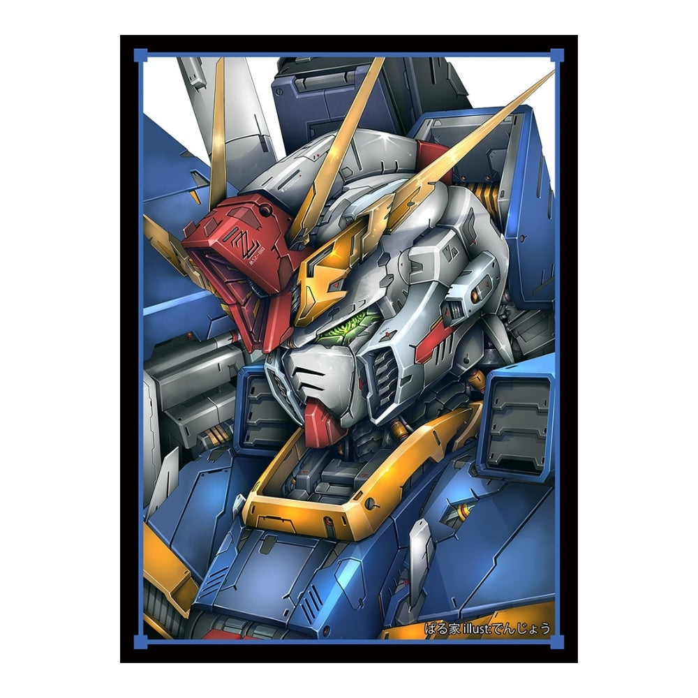 Protective card sleeve featuring a detailed blue, white, and red ZZ Gundam mecha illustration on a black border.
