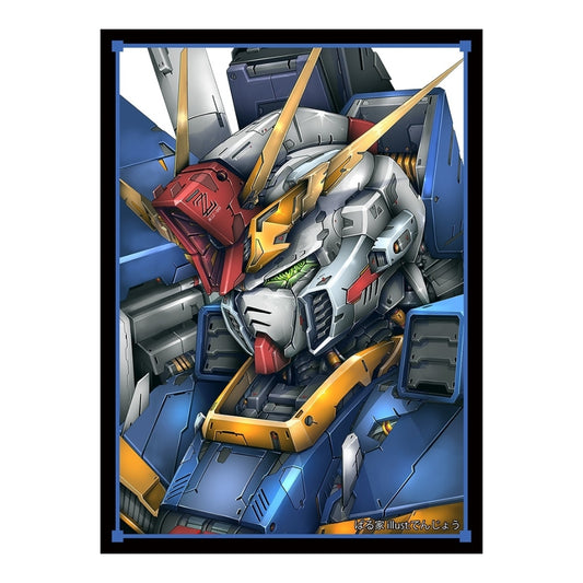 Protective card sleeve featuring a detailed blue, white, and red ZZ Gundam mecha illustration on a black border.