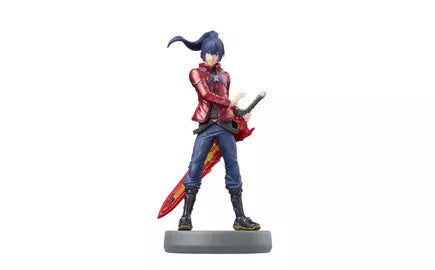Noah amiibo figure: blue-haired character in red jacket, blue pants, holding a red sword, on a gray base.