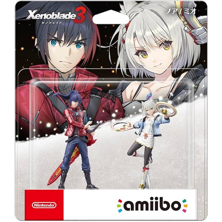 amiibo Noah & Mio figures from Xenoblade Chronicles 3 in clear packaging with character art.