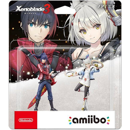 amiibo Noah & Mio figures from Xenoblade Chronicles 3 in clear packaging with character art.