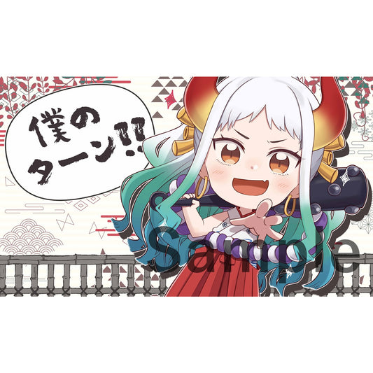 Chibi Yamato rubber playmat with white hair, red horns, and a black club, on a patterned background.
