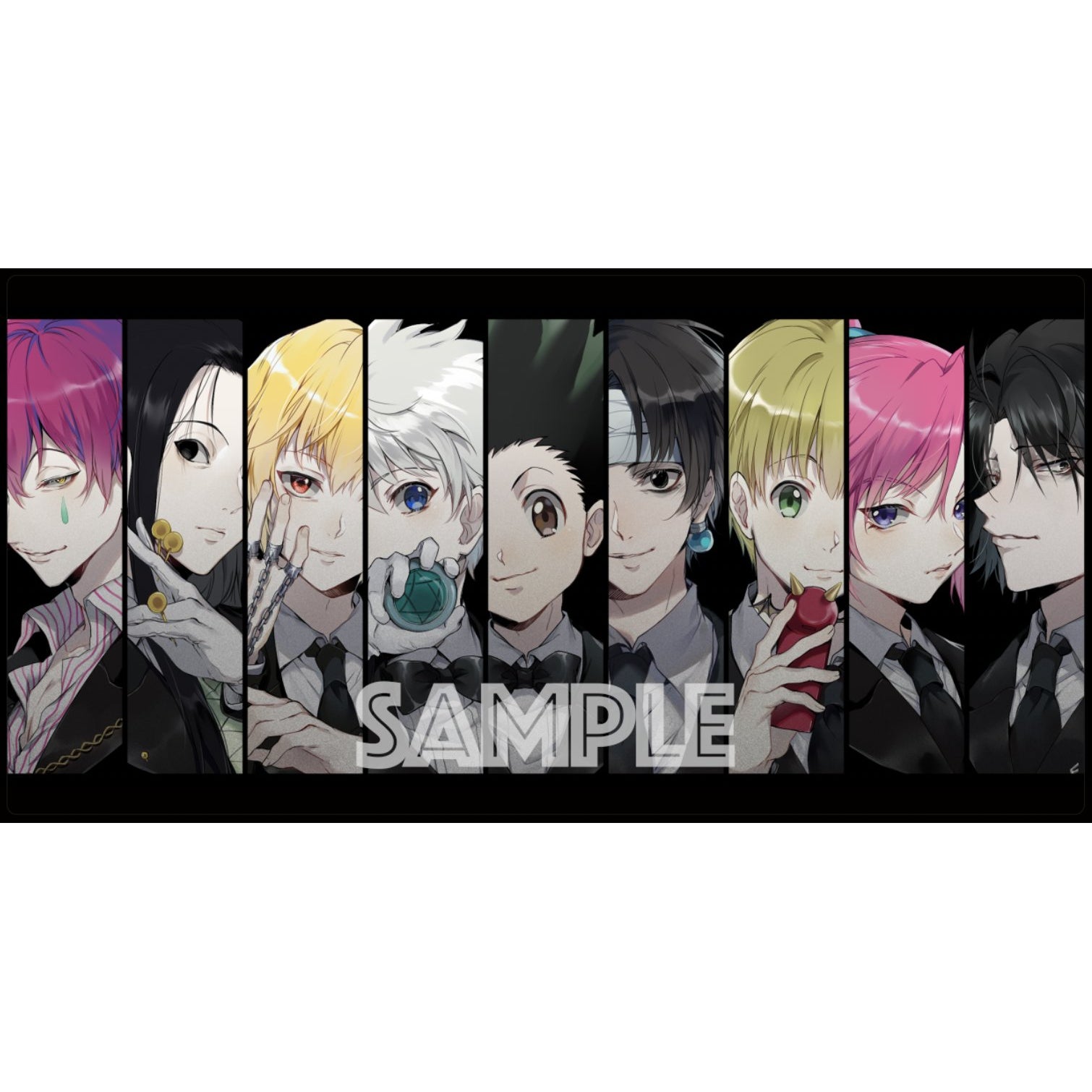 Hunter x Hunter playmat featuring 9 anime characters in black suits on a dark background.