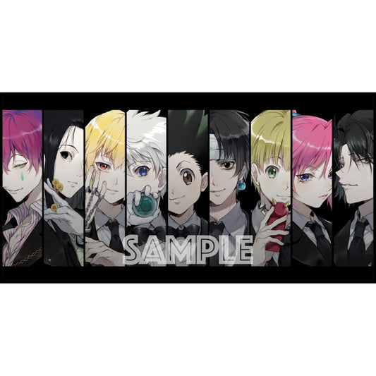 Hunter x Hunter playmat featuring 9 anime characters in black suits on a dark background.