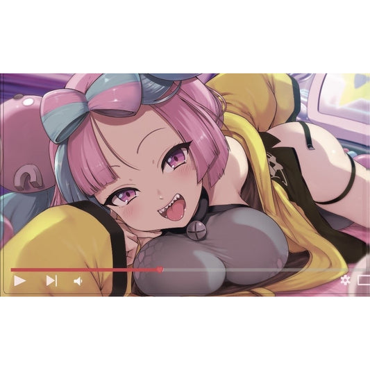 Iono rubber playmat featuring a pink-haired anime girl with a yellow jacket on a non-slip 50x35cm polyester surface.