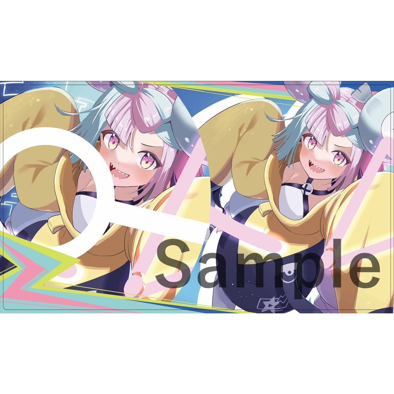 Iono Rubber Playmat with a vibrant anime character featuring pink and blue hair, yellow hoodie, and fangs.
