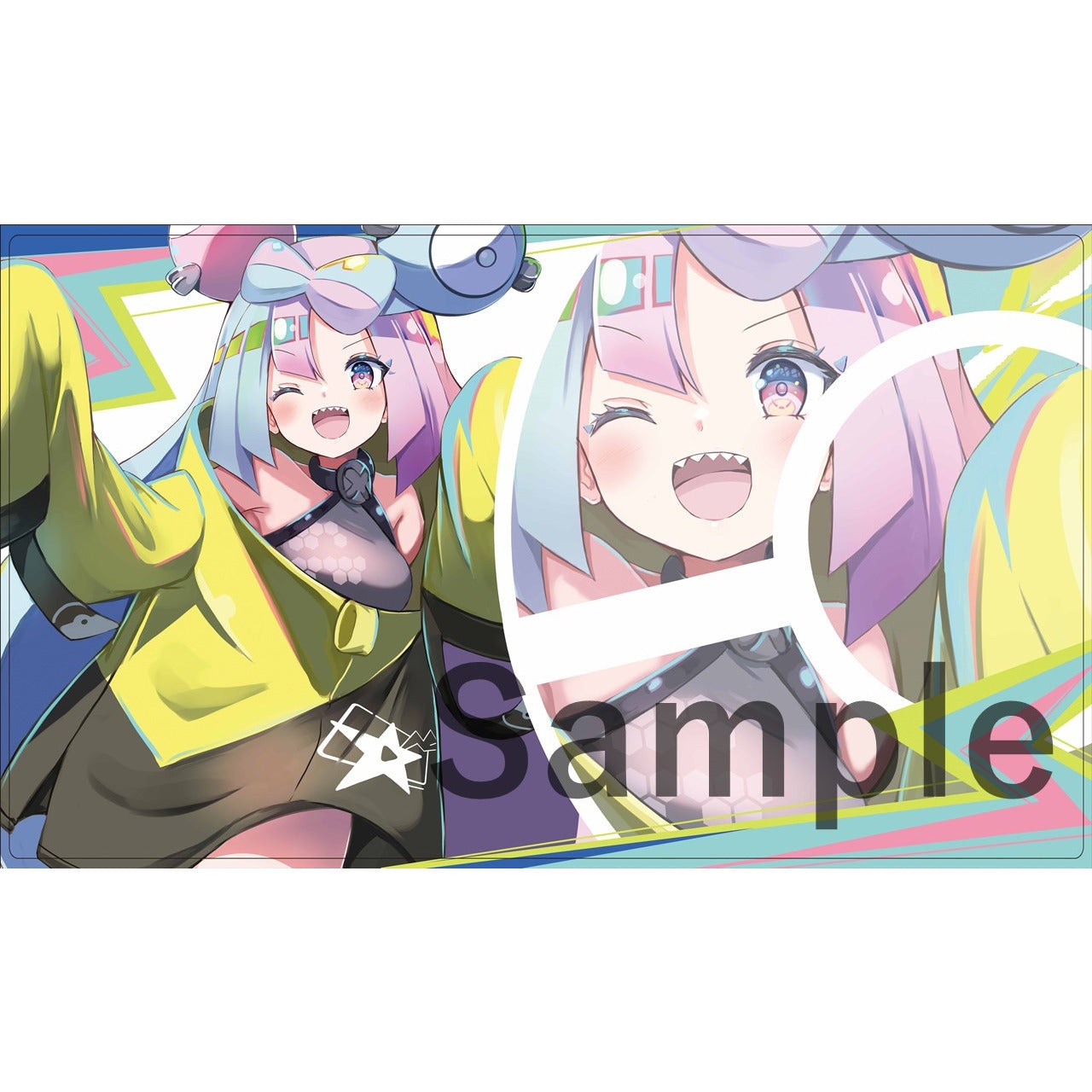 Iono (Wink) rubber playmat with colorful anime girl, "Sample" watermark, and vibrant background.