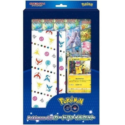 Japanese Pokémon GO File Set: blue box, white mini binder with colorful Pokémon team logos, 4 booster packs, and a Pikachu promo card.