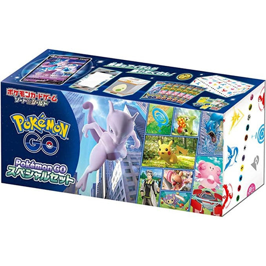 Japanese Pokémon GO Special Set box, blue and white, featuring Mewtwo, Pikachu, and other Pokémon.