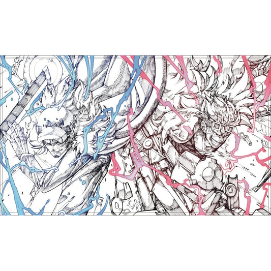 Law & Kid rubber playmat with detailed black and white anime art, accented with blue and red lightning.