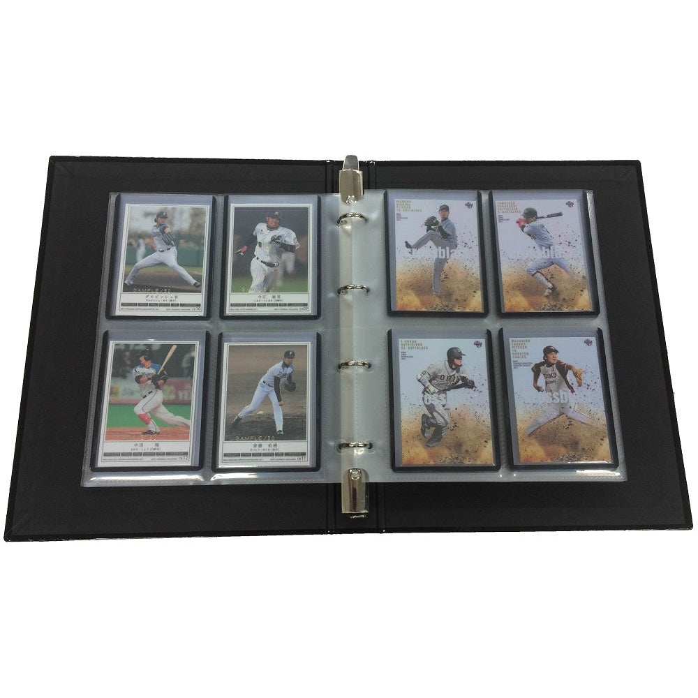 Black MINT Toploader Binder open, displaying 8 baseball trading cards in clear 4-pocket sheets.