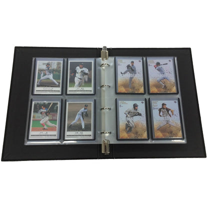 Black MINT Toploader Binder open, displaying 8 baseball trading cards in clear 4-pocket sheets.