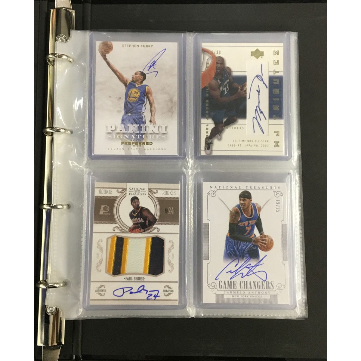 Black MINT Toploader Binder with four 4-pocket sheets displaying signed basketball trading cards.