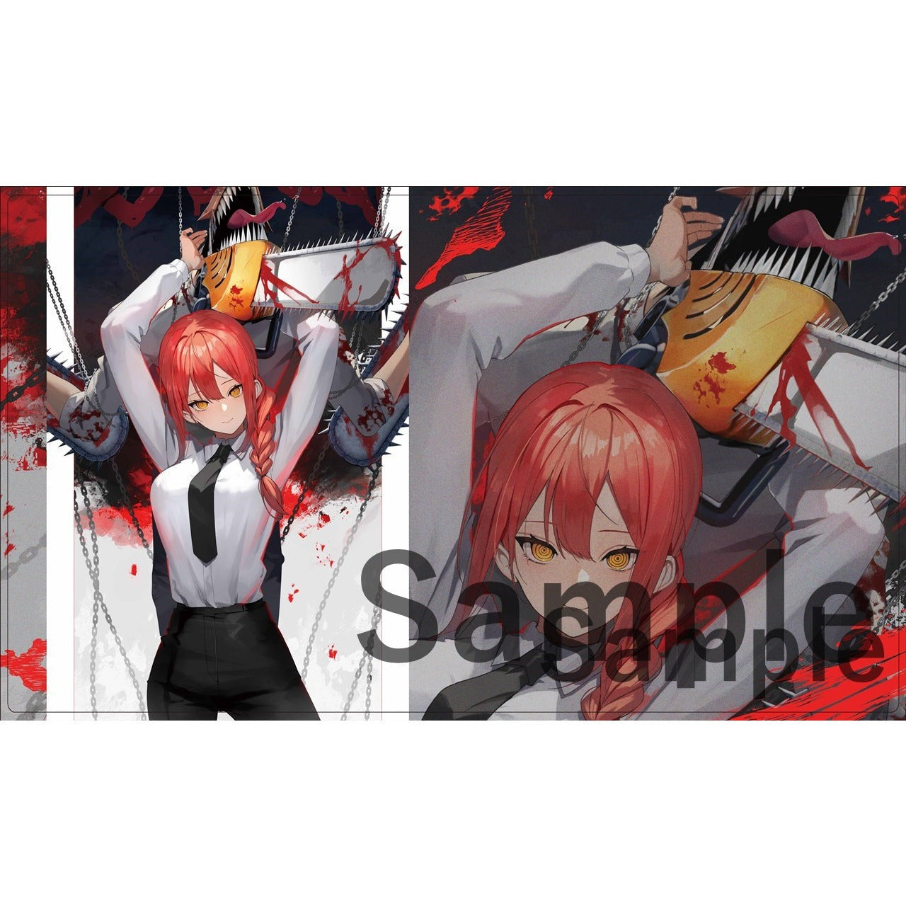 Makima rubber playmat with red-haired anime character holding a chainsaw, blood splatters, and chains.