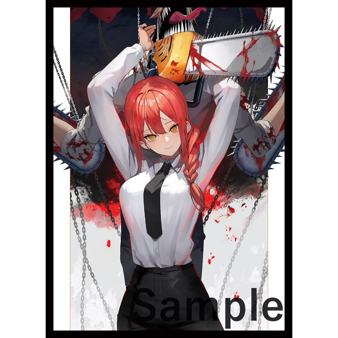 Makima card sleeve with red-haired character in white shirt, black tie, and skirt, backed by Chainsaw Man.