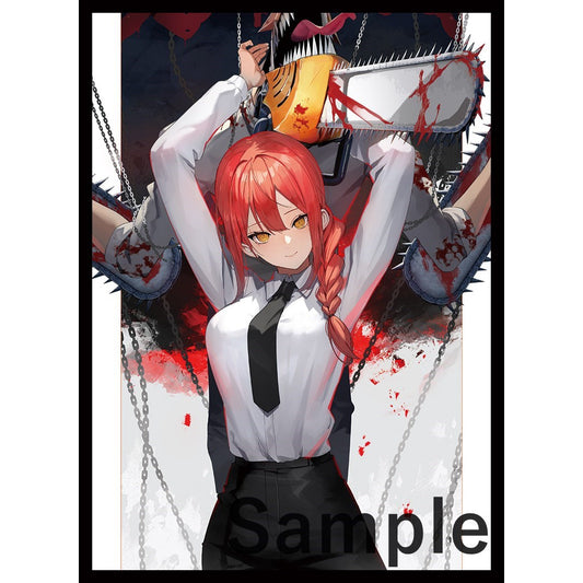 Makima card sleeve with red-haired character in white shirt, black tie, and skirt, backed by Chainsaw Man.