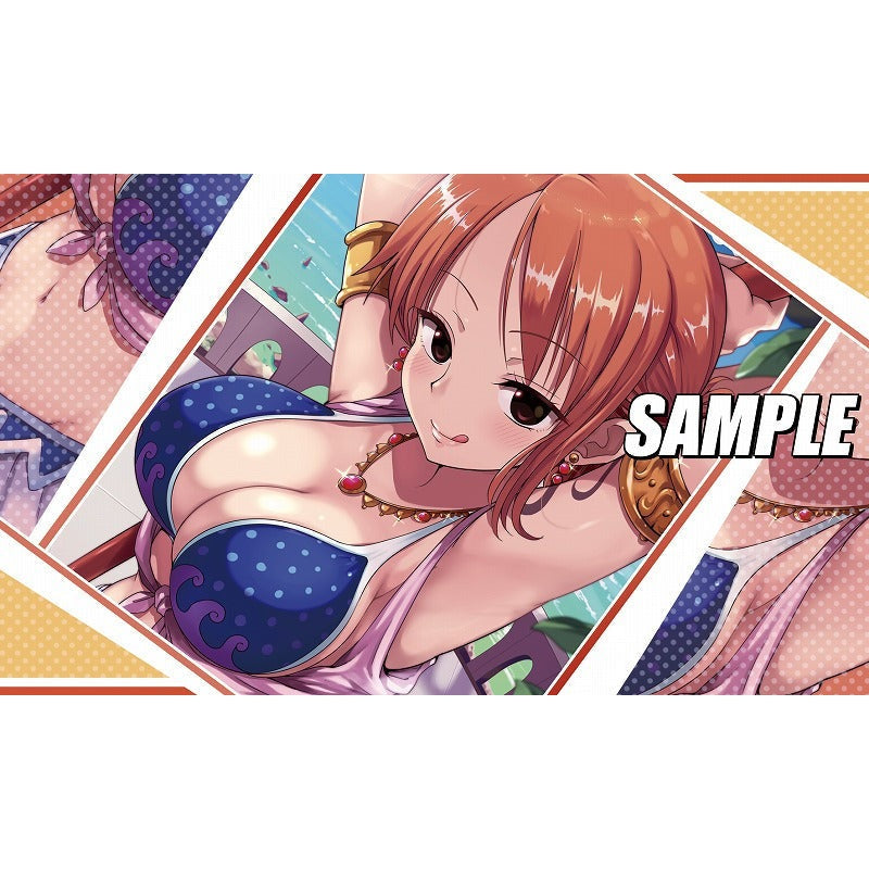 Nami rubber playmat featuring anime character in a blue polka dot bikini, 50x30cm.