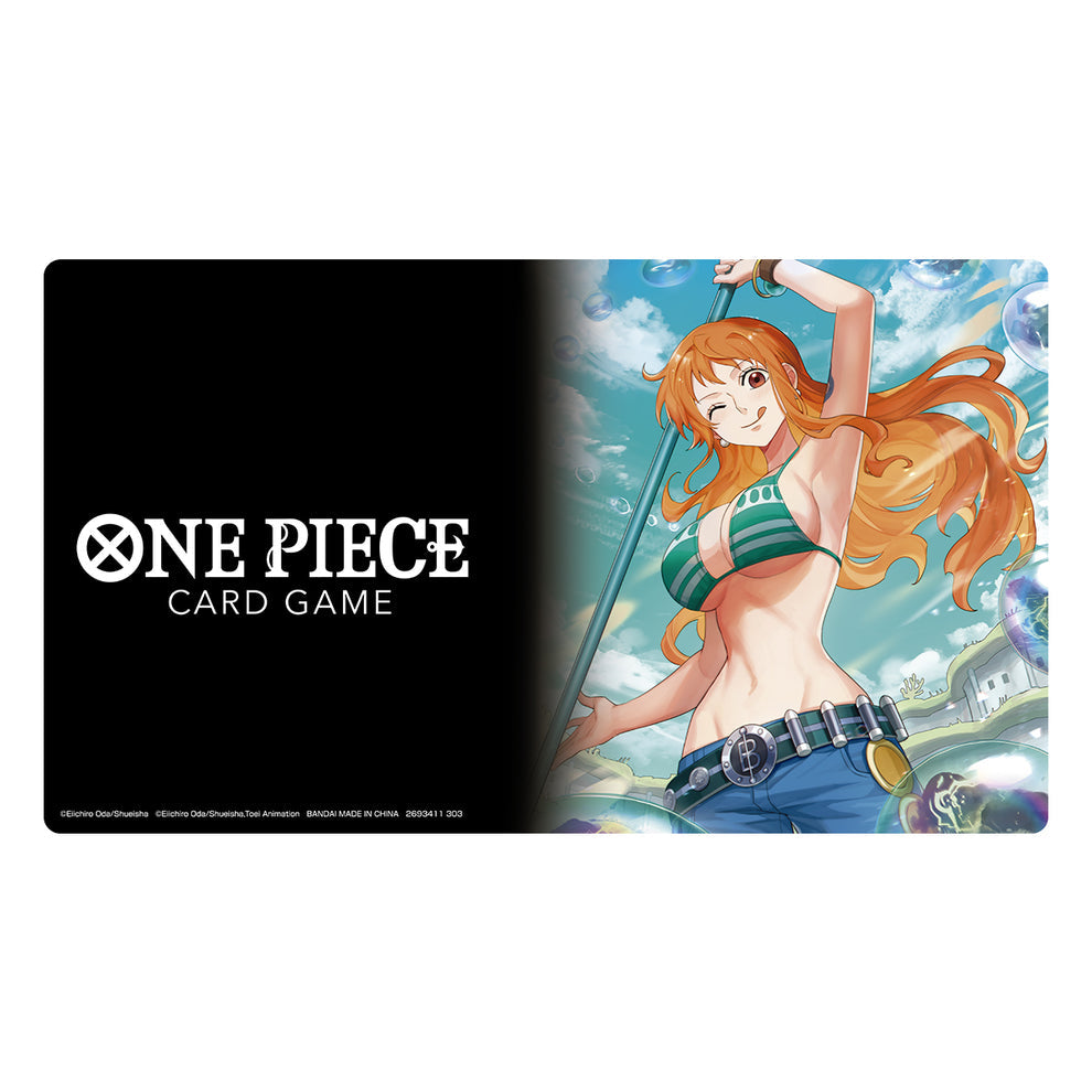 One Piece Card Game playmat featuring Nami in a green bikini, with a black logo panel.