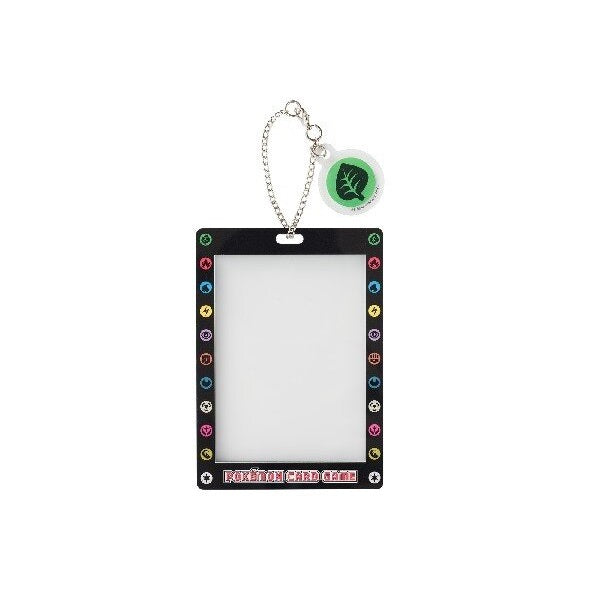Black Pokémon Card Game key chain with colorful energy symbols, a clear card slot, and a green leaf energy charm.