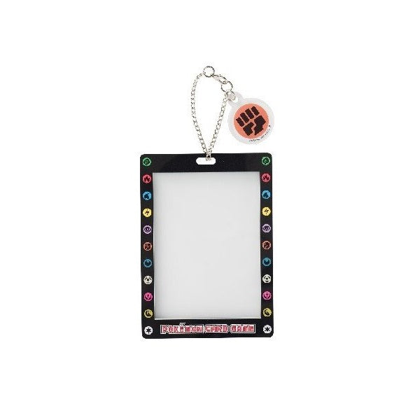 Black Pokémon Card Game key chain with clear card slot, colorful energy symbols, and a fighting energy charm.