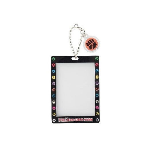 Black Pokémon Card Game key chain with clear card slot, colorful energy symbols, and a fighting energy charm.