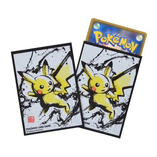 Two white Pokémon card sleeves with ink painting Pikachu design, one holding a Pokémon card.