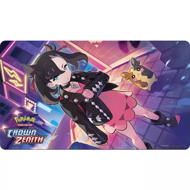 Neoprene playmat featuring Marnie and Morpeko from Pokémon Crown Zenith, with a vibrant city background.
