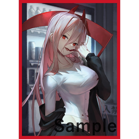 Power (Chainsaw Man) card sleeve with pink-haired character, red eyes, and blood, framed in red.