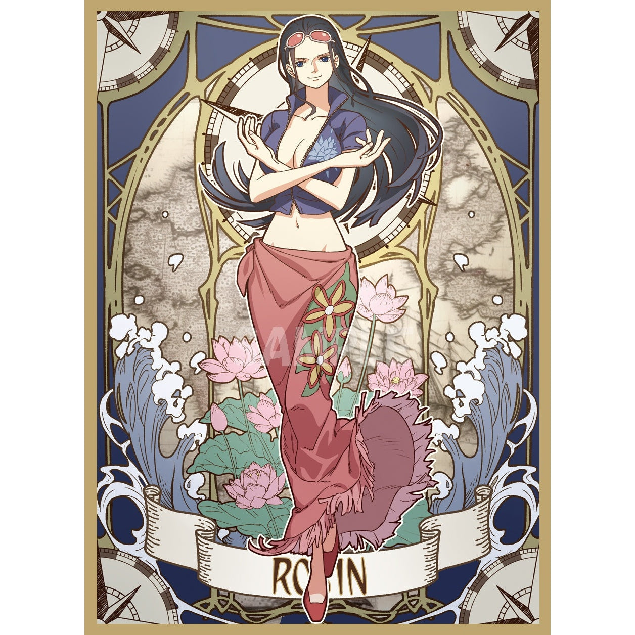 Anime card sleeve featuring Nico Robin in a pink sarong with flowers, against a blue map and compass design.