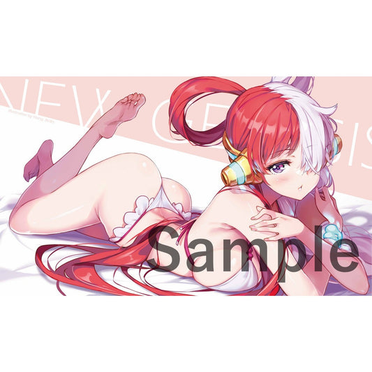 Uta (Lying) rubber playmat featuring anime girl with red and white hair, white bikini, on a pink background.