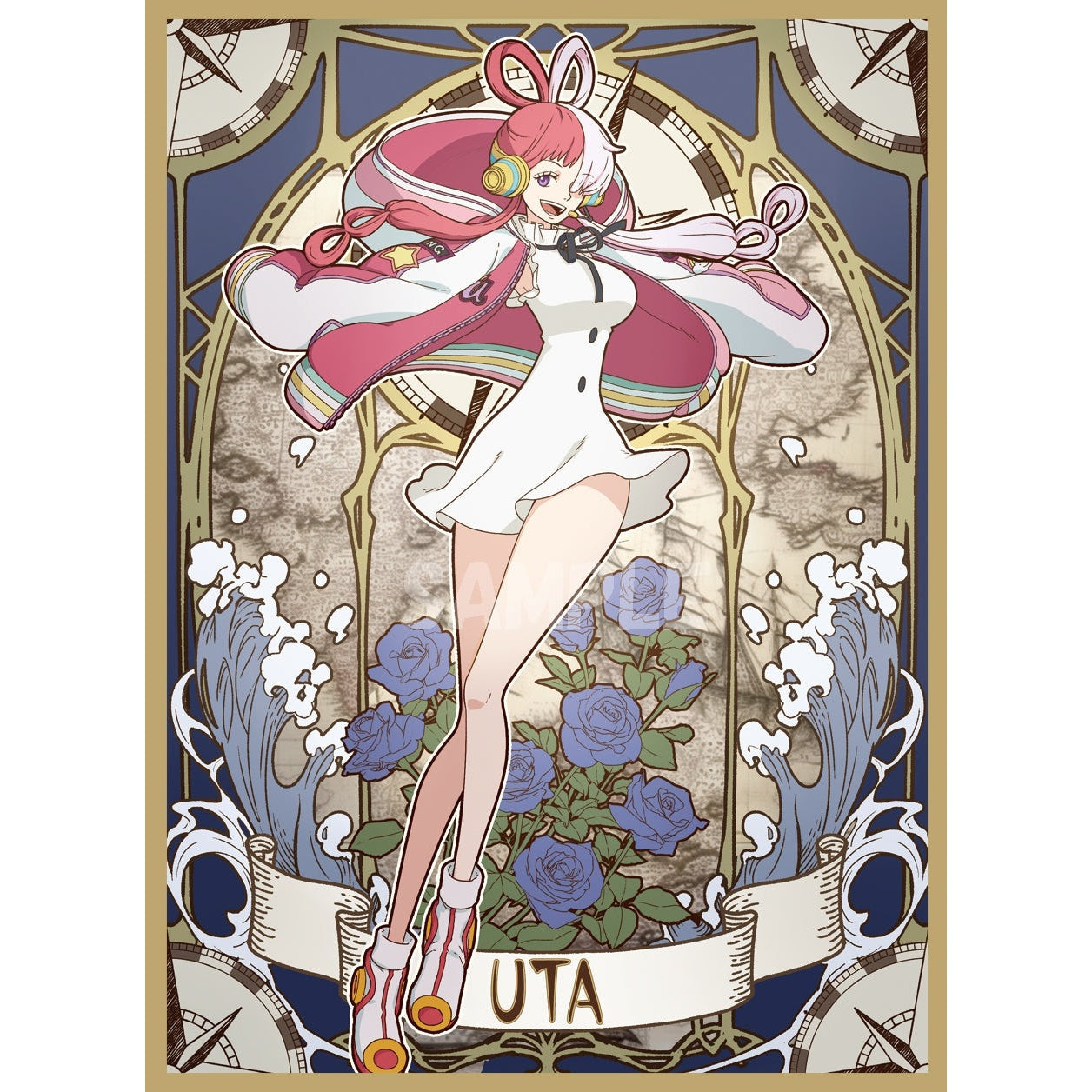 Uta card sleeve with pink hair, white dress, headphones, and blue roses on a gold-framed, ornate background.