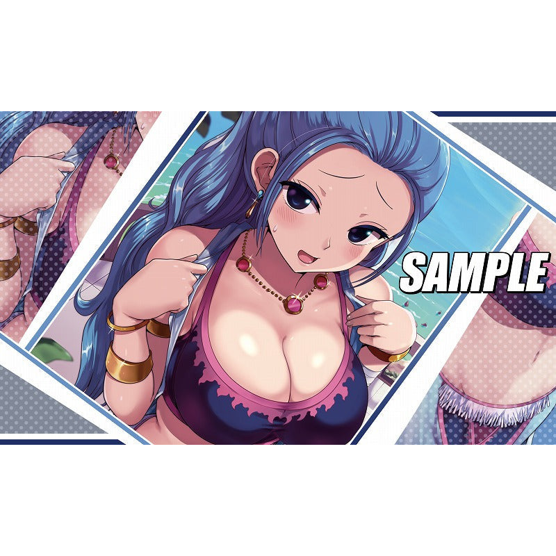 Anime-style playmat featuring a blue-haired woman in a pink and black bikini, with "SAMPLE" text.