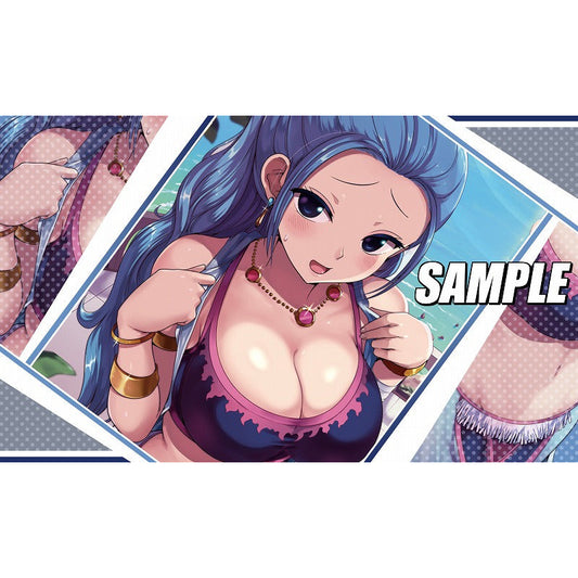 Anime-style playmat featuring a blue-haired woman in a pink and black bikini, with "SAMPLE" text.