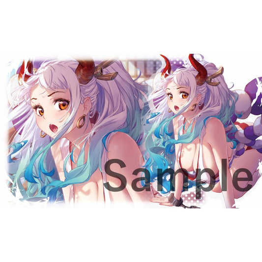 Yamato Rubber Playmat with anime character, white hair, horns, and blue accents. 60x35cm polyester/natural rubber.