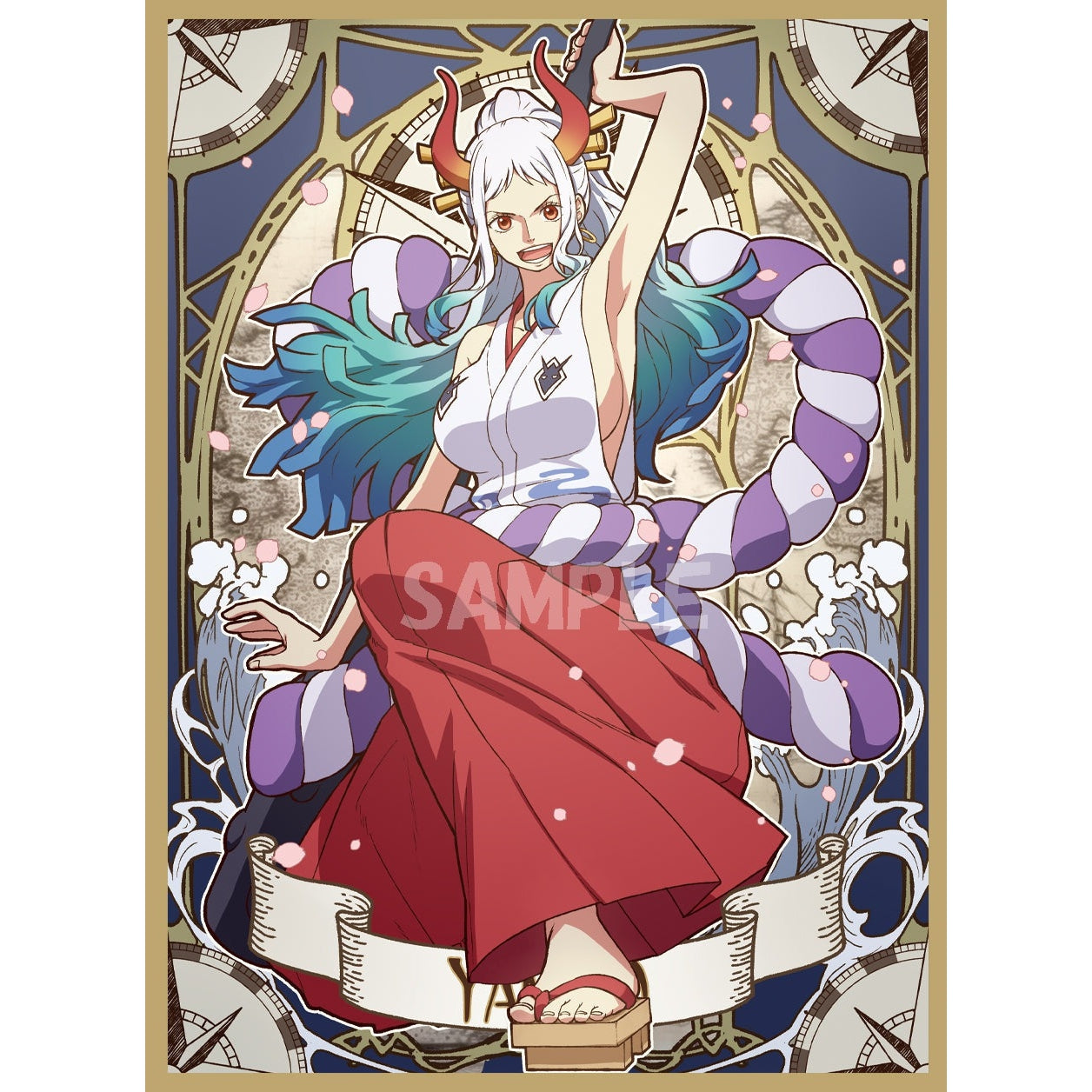 Yamato card sleeve featuring the character in a white top, red hakama, and purple/white rope, with a compass background.