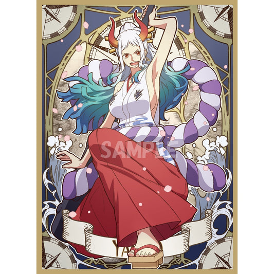 Yamato card sleeve featuring the character in a white top, red hakama, and purple/white rope, with a compass background.